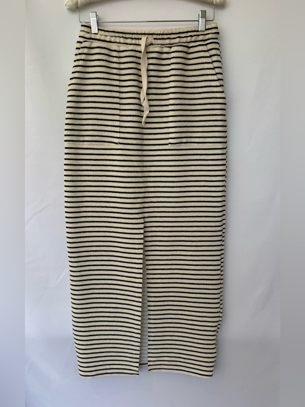 Striped Knit Drawstring Midi Skirt - Cream & Black